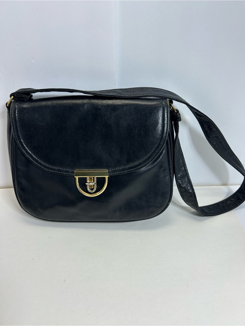 Vintage Markay Classic Black Leather Shoulder Crossbody Bag Gold Hardware